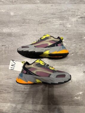 Zara Multicolor Chunky Mesh & Leather Sneakers - Purple, Gray, Yellow & Orange